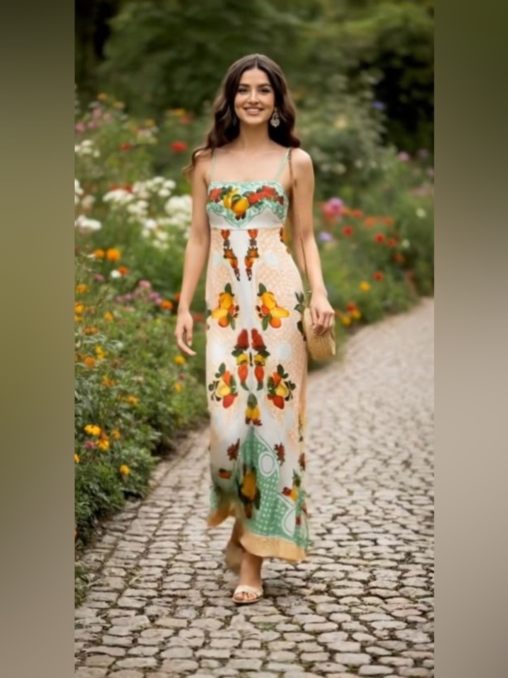 Caroline Constas Dresses/Caroline Constas Apple Print Maxi Spaghetti Strap